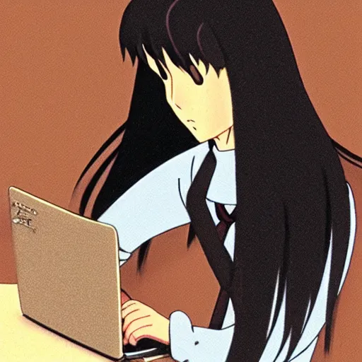 Image similar to tanned guy with long black hair using a laptop, art by hayao miyazaki, studio ghibli film