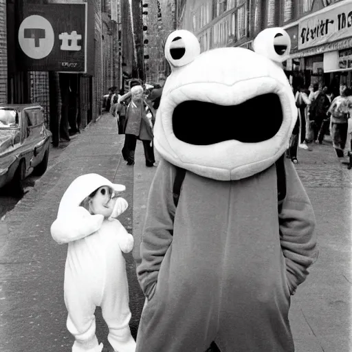 Prompt: john lennon in a super mario bros 3 frog suit onsie street photography 1 9 6 5