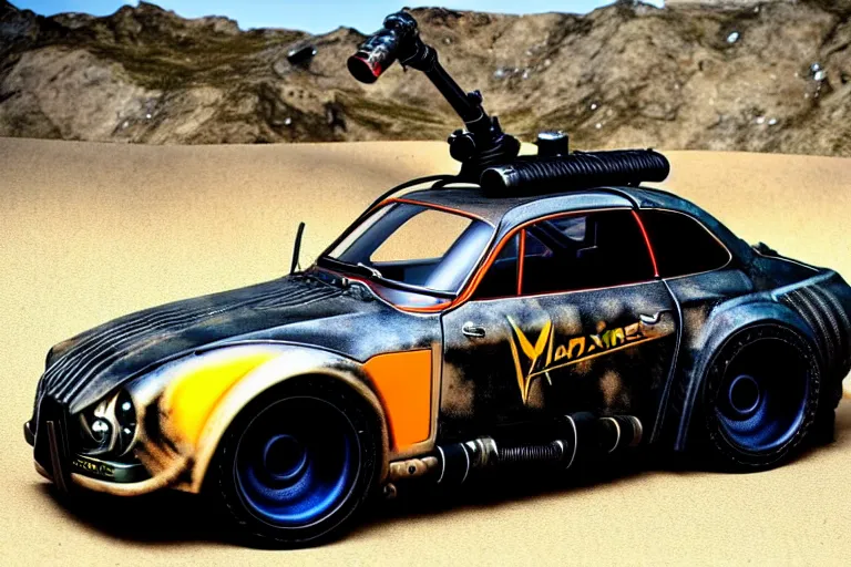 Image similar to dieselpunk mad max alpine a 1 1 0 with guns installed, painted by masamune shirow