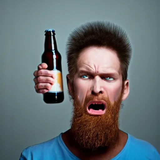 Image similar to beer - headed man with clear blue eyes very angry, rule of thirds, super sharp, 2 4 0 p, ultra detailed.