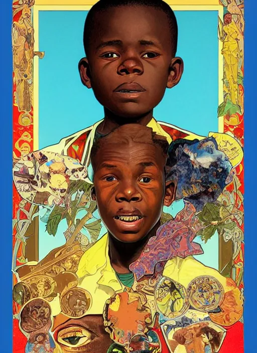 Prompt: colourful upper half portrait of an african boy with proportions in the style of jack davis - presented in magazine collage style, art by hsiao - ron cheng & alphonse mucha, magazine collage, highly detailed, caricature, digital painting, concept art, ray tracing, illustration, smooth, sharp focus, intricate, symmetry, pinterest, behance, artstation