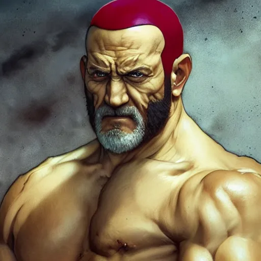 Image similar to mike ehrmantraut as sagat street fighter, 4 k, ultra realistic, detailed focused art by artgerm and greg rutkowski and alphonse mucha