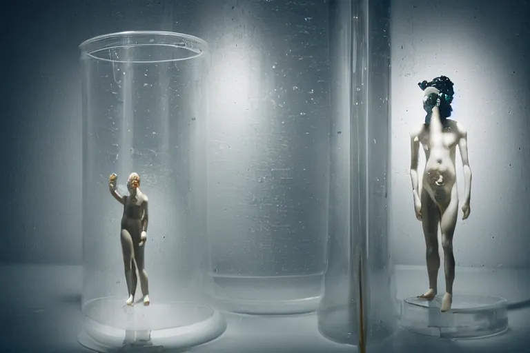 Image similar to clear plastic pipes transporting liquid through a y 2 k crt dreamscape, porcelain figure standing and looking at the pipes, low - light photograph, in style of tyler mitchell