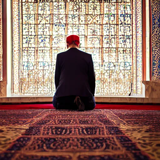 Image similar to Trump praying in mosque, award winning cinematic photography, 50 mm, blurred background, perfect faces