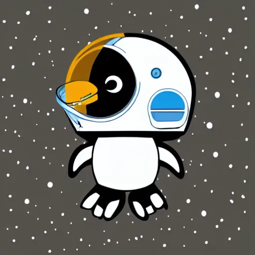 Image similar to cute astronaut penguin with helmet on, floating on space, minimalist cartoon style