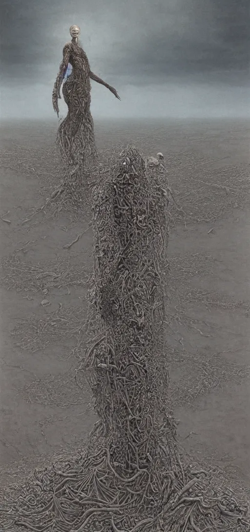 Image similar to huge detailed fractal standing in wasteland in style of zdzisław beksinski