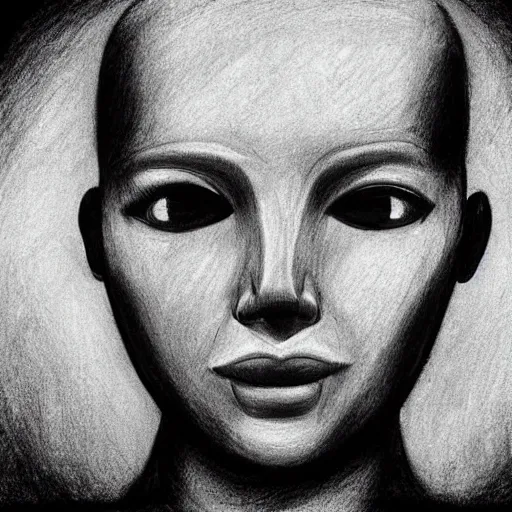 Prompt: charcoal drawing of what an AI thinks an AI looks like