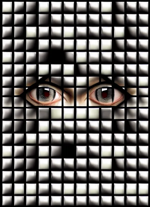 Image similar to grid montage of cube shaped eyes cubes, square shaped black dilated pupils cubes, cube shaped irises, detailed colored textures, lashes, advanced art, art styles mix, wet reflections in square eyes, sunshine light, hd macro photograph, from side, various eyelid positions, square black pupil centered