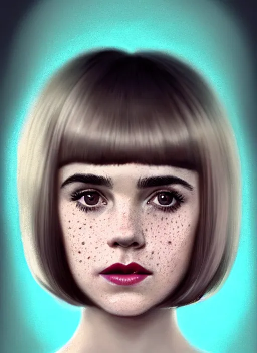 Image similar to portrait of kiernan shipka with freckles, white hair, 1 9 6 0 s bob hairstyle, hairstyle with bangs, 1 9 6 0 s bob hair with bangs and hairband, intricate, elegant, glowing lights, highly detailed, digital painting, artstation, concept art, smooth, sharp focus, illustration, art by wlop, mars ravelo and greg rutkowski