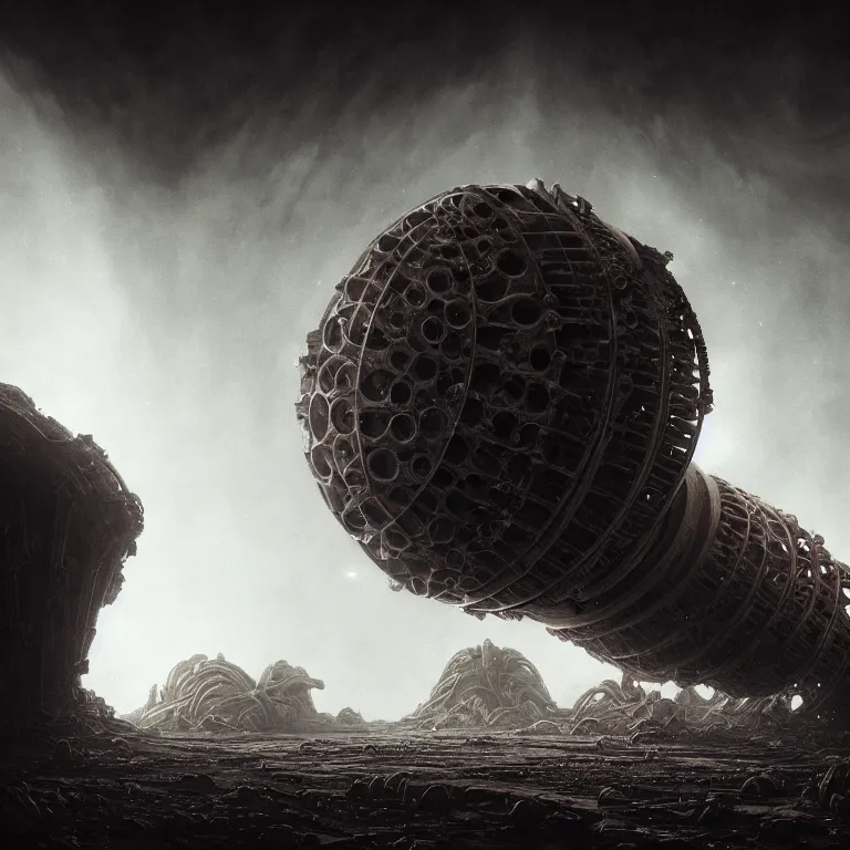 Prompt: portrait of ribbed abandoned biomechanical crashed spaceship on exoplanet in a desolate empty wasteland, creepy, nightmare, dream-like heavy atmosphere, surreal abandoned buildings, baroque painting, beautiful detailed intricate insanely detailed octane render trending on Artstation, 8K artistic photography, photorealistic, chiaroscuro, cinematic volumetric light, Raphael, Caravaggio, Beksinski, Giger