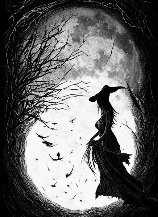 Prompt: portrait, silhouette of a witch in front of the full big moon, book cover, dramatic lighting, cinematic, establishing shot, extremly high detail, foto realistic, cinematic lighting, pen and ink, intricate line drawings, by Yoshitaka Amano, Ruan Jia, Kentaro Miura, Artgerm, post processed, concept art, artstation, matte painting, style by eddie mendoza, raphael lacoste, alex ross