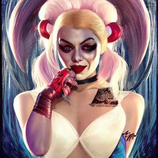 Image similar to Harley Quinn, young woman with blonde hair and two pigtails wearing a shiny latex top, face, fantasy, intricate, elegant, highly detailed, digital painting, artstation, concept art, smooth, sharp focus, illustration, art by Fernanda Suarez and Artem Demura and alphonse mucha