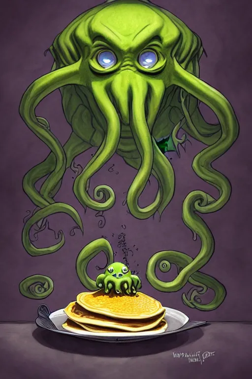 Image similar to cthulhu making pancakes, animation pixar style, by pendleton ward, magali villeneuve, artgerm, rob rey and kentaro miura style, golden ratio, trending on art station