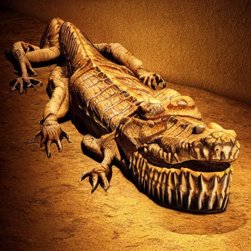 Image similar to a crocodile mummy, fantasy art, cinematic lighting