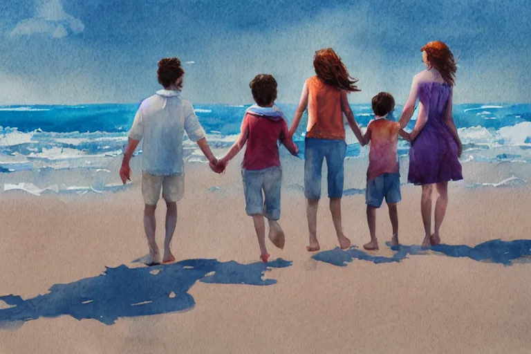 Prompt: family on the beach, holding hands, far - view, art, cinematic composition, octane render, high detail, 8 k, artstation trending, watercolor, artwork by tooth wu, colorful contrast, very coherent, thick lineart