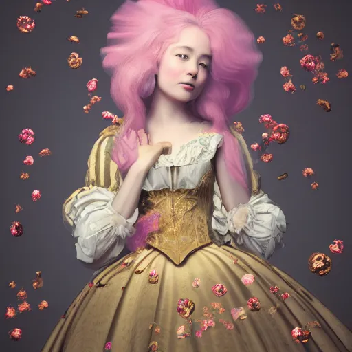 Image similar to 8 k, octane render, realism, tonalism, renaissance, rococo, baroque, portrait of a young lady wearing long harajuku manga dress with flowers and skulls, cotton candy!! ( background chaotic gold leaf flowers )