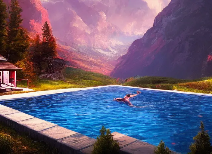 Image similar to tone hut with a swimming pool, mountain landscape, red background, beautiful landscape, dramatic lighting, cinematic, extremly high detail, photorealistic, cinematic lighting, post processed, concept art, artstation, matte painting, style by greg rutkowsky