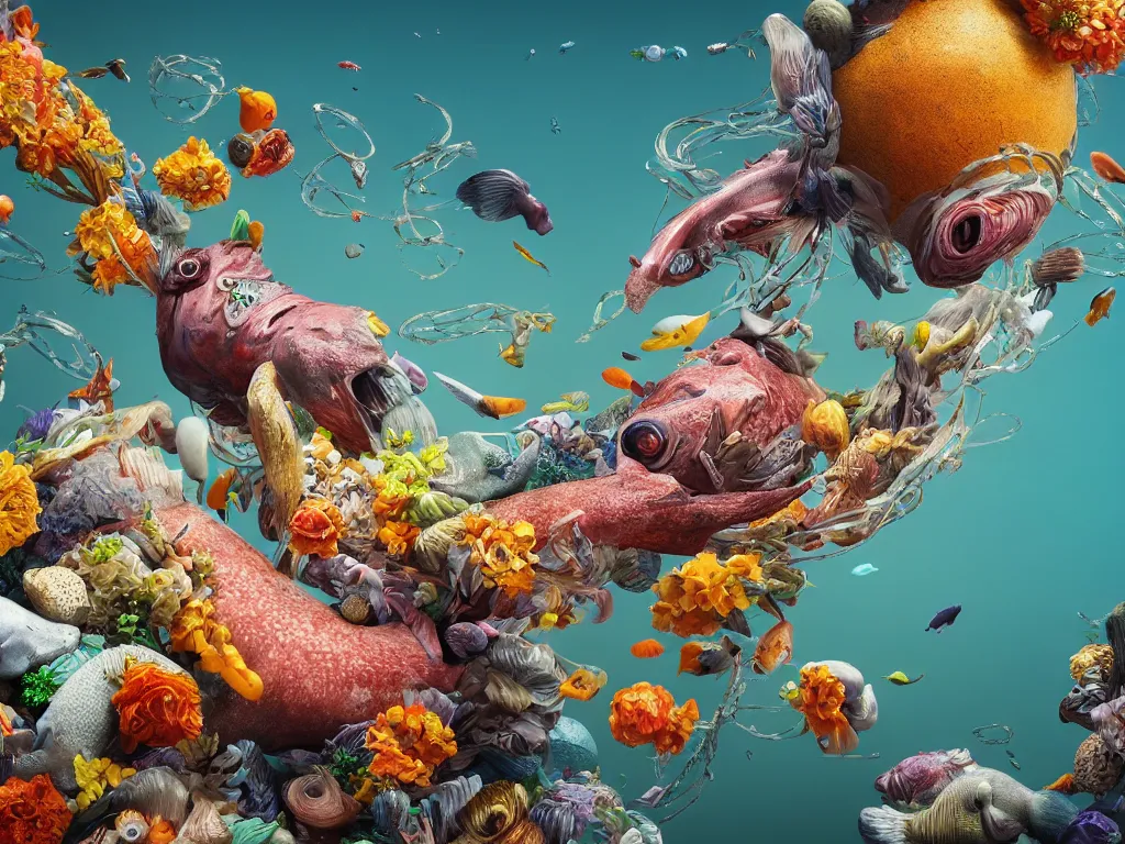 Image similar to a sculpture of fish ocean intertwined, a lovely cornucopia of flowers and human body parts, body parts, highly detailed, octane render, cinematic, shock, sharp focus, ball