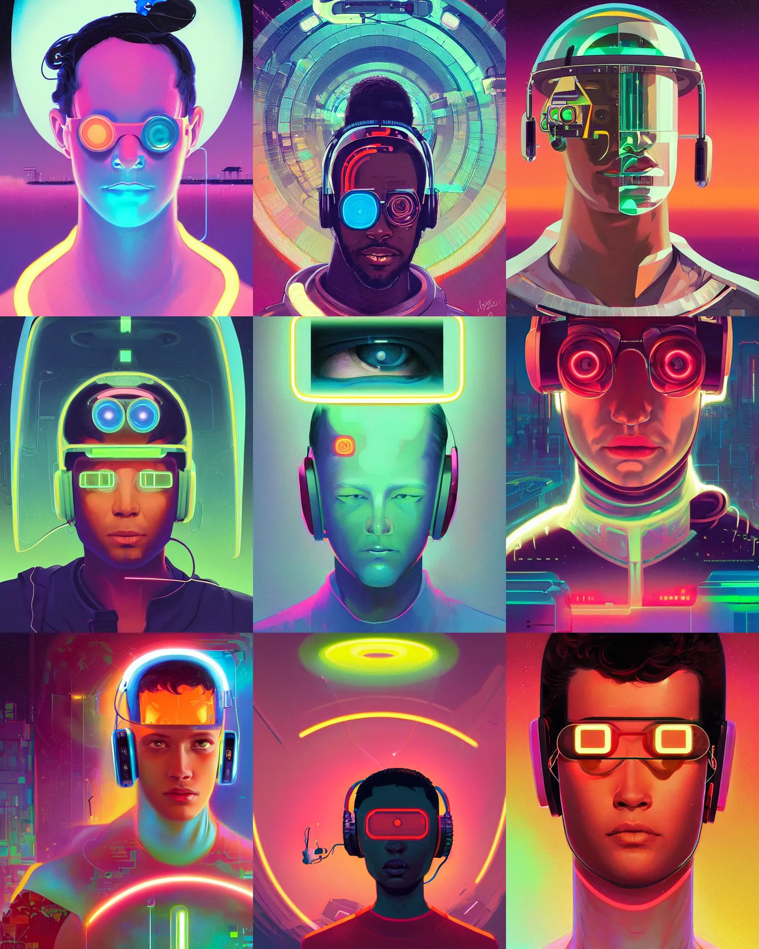 Image similar to future coder man looking on, sleek cyclops display over eyes and sleek bright headphoneset, neon accent lights, holographic colors, desaturated headshot portrait digital painting by victo ngai, rhads, john berkey, tom whalen, alex grey, alphonse mucha, donoto giancola, astronaut cyberpunk electric