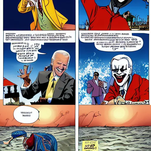 Prompt: surfing joe biden as mr. bean as the joker from batman, surfing still from batman vs bean at the beach, 2 0 2 0