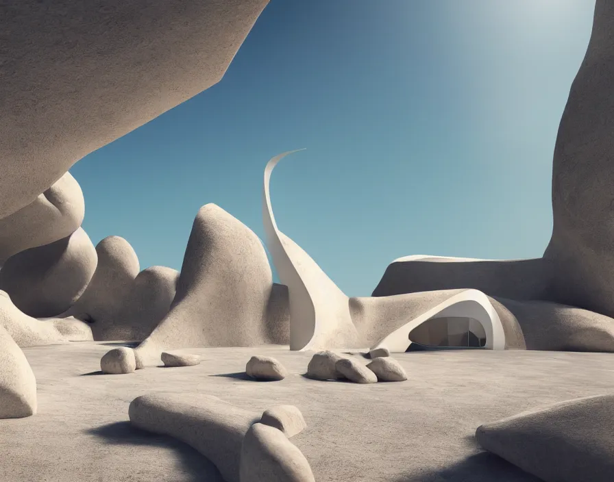 Image similar to desert, white, transitions between flying rocks, minimalist architecture, stone grotto in the center, portal. zaha hadid, oscar niemeyer, architectural rendering. trending on artstation. vogue magazine. halo. octane rendering, cinematic, hyperrealism, bokeh. iridescent accents. teal gold and blue color scheme