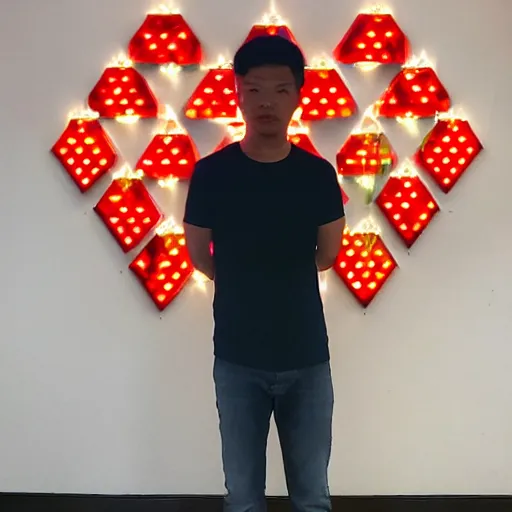 Image similar to a vietnamese daytrader named jay standing proudly in front of triangular nanoleaf led lights on his wall