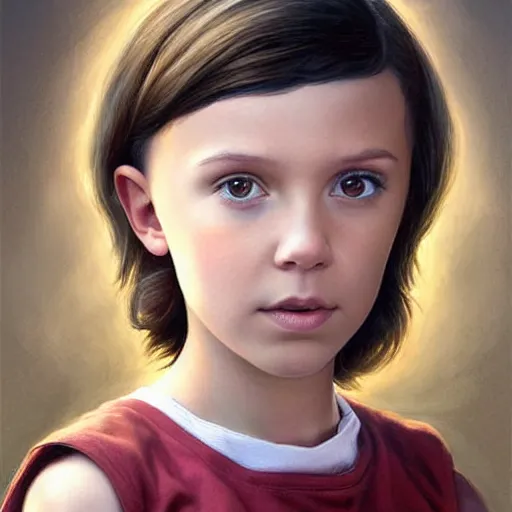 Prompt: Beautiful hyperrealistic detailed matte portrait painting of Millie Bobby Brown kid with short straight hair by andreas rocha and john howe and Martin Johnson