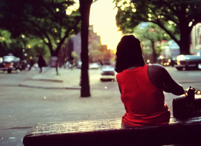 Image similar to a 35mm photograph from the back of a woman sitting on a bench in Harlem, New York City in the 1960's at sunset, bokeh, Canon 50mm, cinematic lighting, photography, retro, film, Kodachrome, award-winning, rule of thirds, golden hour