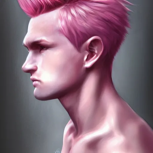 Prompt: portrait of a pink haired boy, highly detailed, digital painting, by artgerm