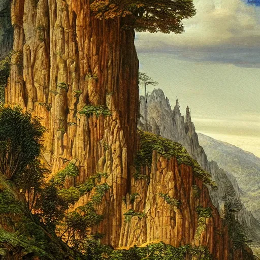 Prompt: A beautiful and highly detailed oil painting of beautiful lost temple in the mountains, detailed trees and cliffs, intricate details, by Caspar Friedrich