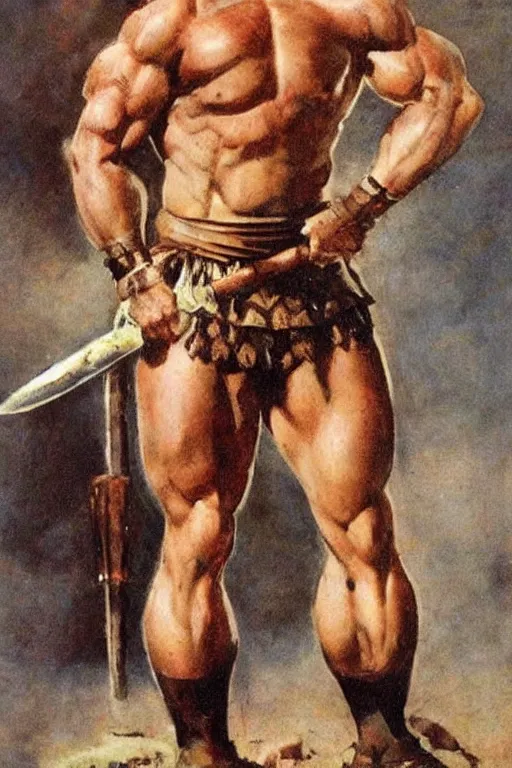 Prompt: sneering roman legioneer, blonde short hair. big muscles. by Frank Frazetta