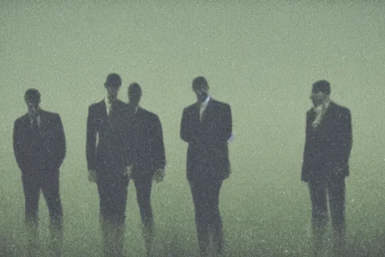 Image similar to 8 mm film still, blurry, grainy, liminal, unsettling, group of tall men in suits in a field at night, rain, flash on, dark midnight