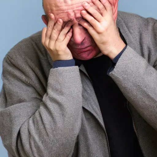 Prompt: a balding middle aged man crying