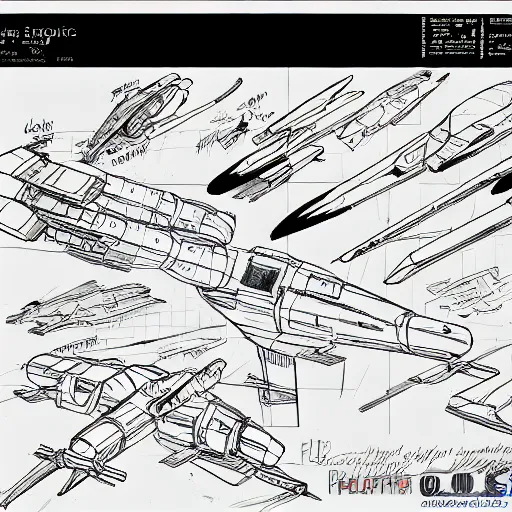 Image similar to sketches of fighting spaceship, full page, technical, detailed