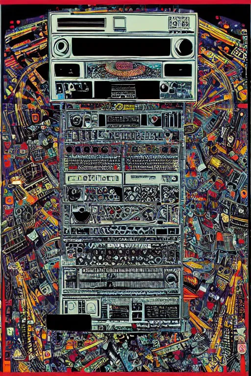 Prompt: infographic about an old tape machine robot by Dan Mumford , stanley donwood, fred tomaselli