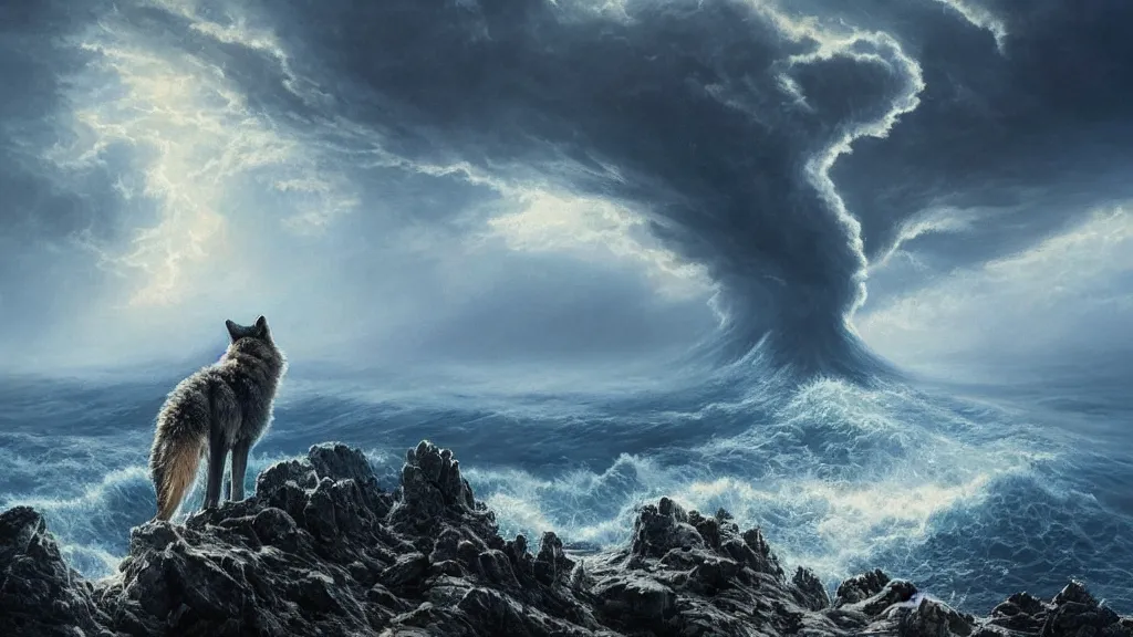 Prompt: A wolf standing on the edge of a grassy cliff looking out towards an underwater nuclear explosion, birds flying away from explosion, mind-bending geometry, explosive shockwaves rippling across sapphire waters below, extreme realism, intricate details, crashing waves, 4k, trending on Artstation, award-winning, dramatic painting, art by Greg Rutkowski