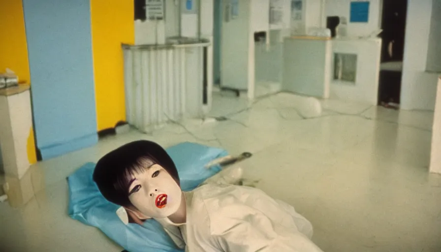 Prompt: 60s movie still of a white japanese female phantom with bloody jaw in an empty soviet stalinist style hospital with yellow tiles floor with light blue beds, cinestill 800t 35mm technicolor, heavy grain, high quality, higly detailed, liminal space