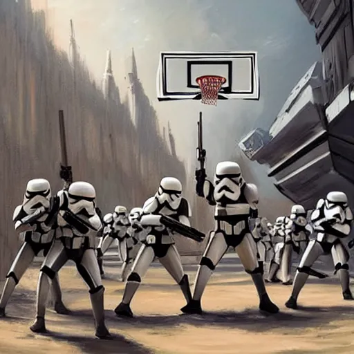 Image similar to a Star Wars concept artist painting of a group of stormtroopers playing basketball on top of the avengers tower