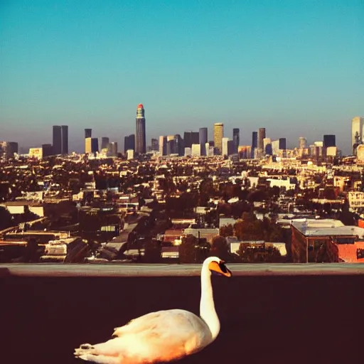 Prompt: ryan mcginley photograph, leica s, kodachrome, rooftop, los angeles, moon, downtown, echo park, lake, swans, landscape, cigarette