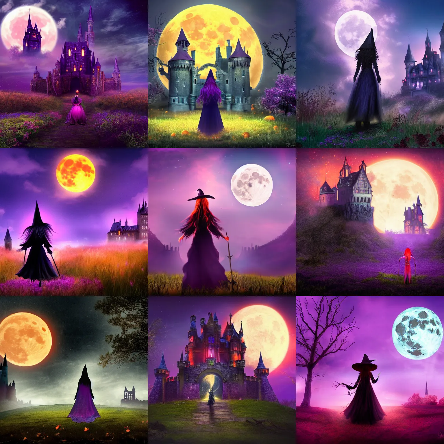 Prompt: a witch is standing on the foreground, in the background is a castle in front of the full big moon, fantasy digital wallpaper, fantasy digital art, purple, orange, blue colors, cinematic lighting