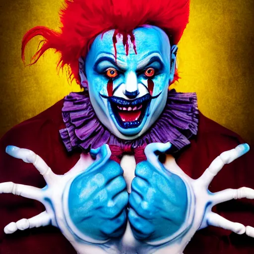 Image similar to 4K headshot of godlike clown with blue skin with defined arms and open hands and bloody clothes with giant mandala wings , white intricate scary clown makeup , flawless anime cel animation by Kentaro Miura, psychedelic , highly detailed upper body , professionally post-processed , beautiful, scary, symmetry accurate features, epic, octane rendered, anime masterpiece, accurate