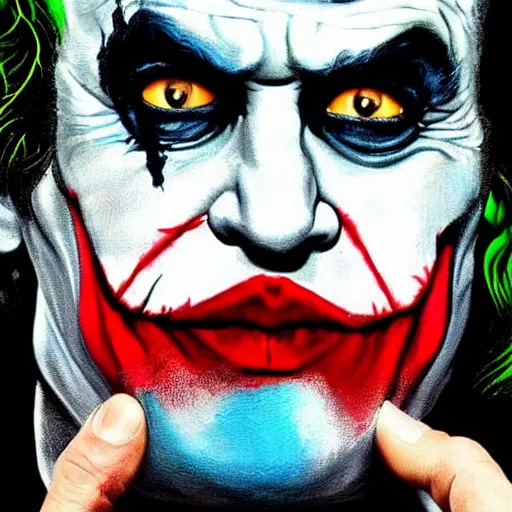 Prompt: the joker painted by jim carrey 3 4 k quality super realistic