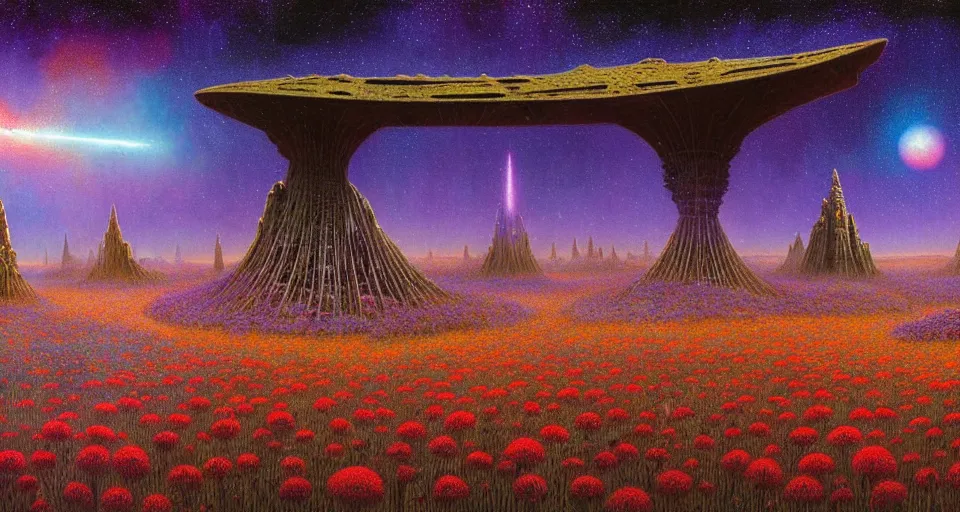 Prompt: a up close macro view of a intricate mystical alien archway in a field of multicolored colored flowers, underneath a star filled night sky, harold newton, zdzislaw beksinski, donato giancola, warm coloured, gigantic pillars and flowers, maschinen krieger, beeple, star trek, star wars, ilm, atmospheric perspective