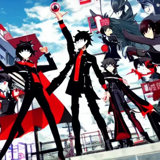 Prompt: A photo of the Phantom Thieves lined up and striking action poses.