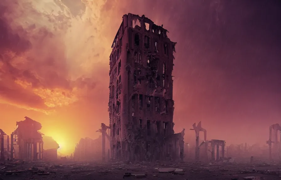 Image similar to Stunning photorealistic background of a city in ruin in a strange purple dimension with a large red sun looming in the distance on a rainy and foggy day, A large tower stands in the center of the crumbling buildings, parallax background