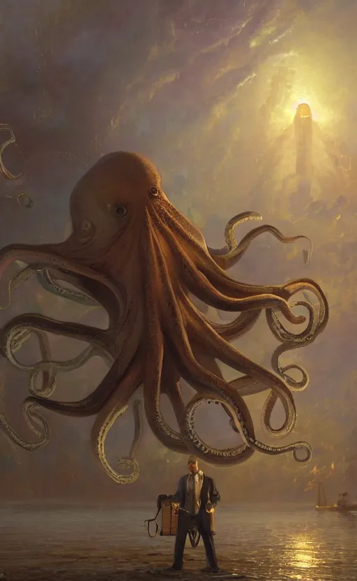 Prompt: an octopus wearing a lab coat lab coat and holding a clipboard clipboard, octopus wearing a doctor's outfit, octopus resembles a scientist, masterpiece digital painting by Thomas Kinkade and Greg Rutkowski, artstation, 4k wallpaper