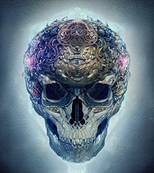 Prompt: portrait of a fantasycore glitchcore deformed animal skull in a helmet. intricate abstract. intricate artwork. celestial. prismatic, by Alex Stevenson Diaz, Boris Koller and Dino Tomic. octane render, CGSociety very coherent symmetrical artwork. cinematic, hyper realism, high detail, octane render, 8k, holographic accents