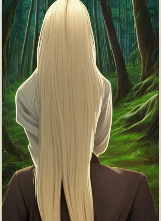 Prompt: slender young man with long blond hair, from behind, wearing wizard robes, lost in a forest, natural lighting, path traced, highly detailed, high quality, digital painting, by don bluth and ross tran and studio ghibli and alphonse mucha, artgerm