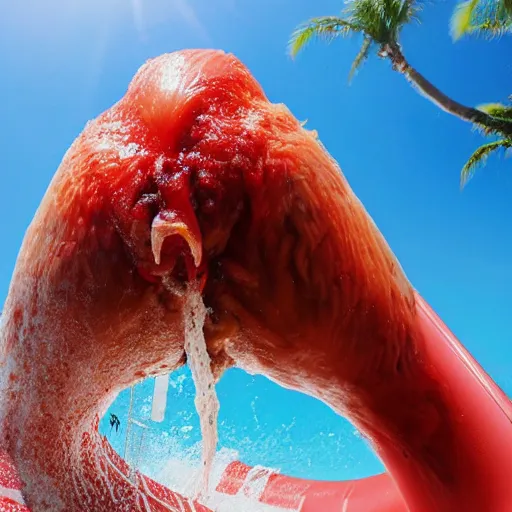 Image similar to photo of an enormous raw chicken emerging from the bottom of a waterslide at a water park on a sunny day in the style of a coca cola ad