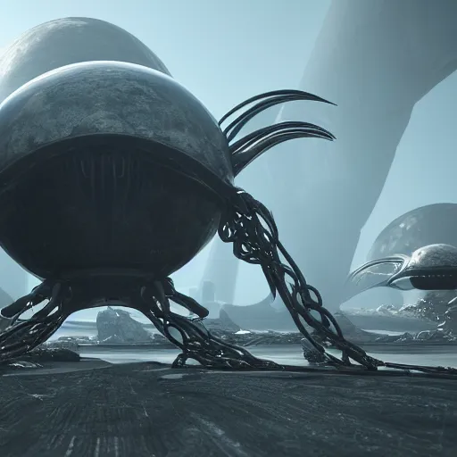 Image similar to super wide angle cinematic shot of alien sphere spacecraft, unreal engine